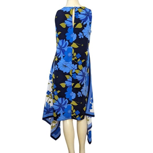 Maggy London sleeveless blue floral scarf‎ asymmetrical hem summer dress Size 2 - Picture 2 of 10